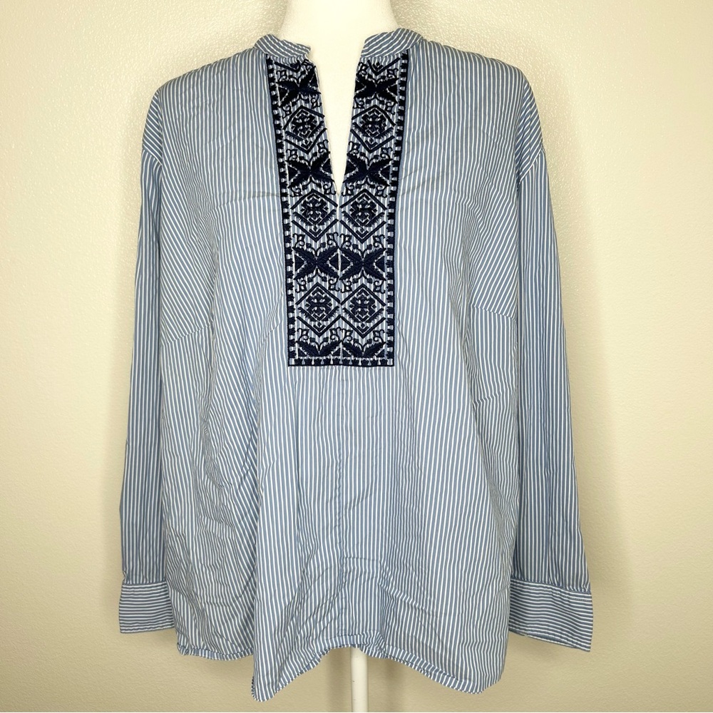 Chaps Blue and White Striped Embroidered Split-Neck Tunic